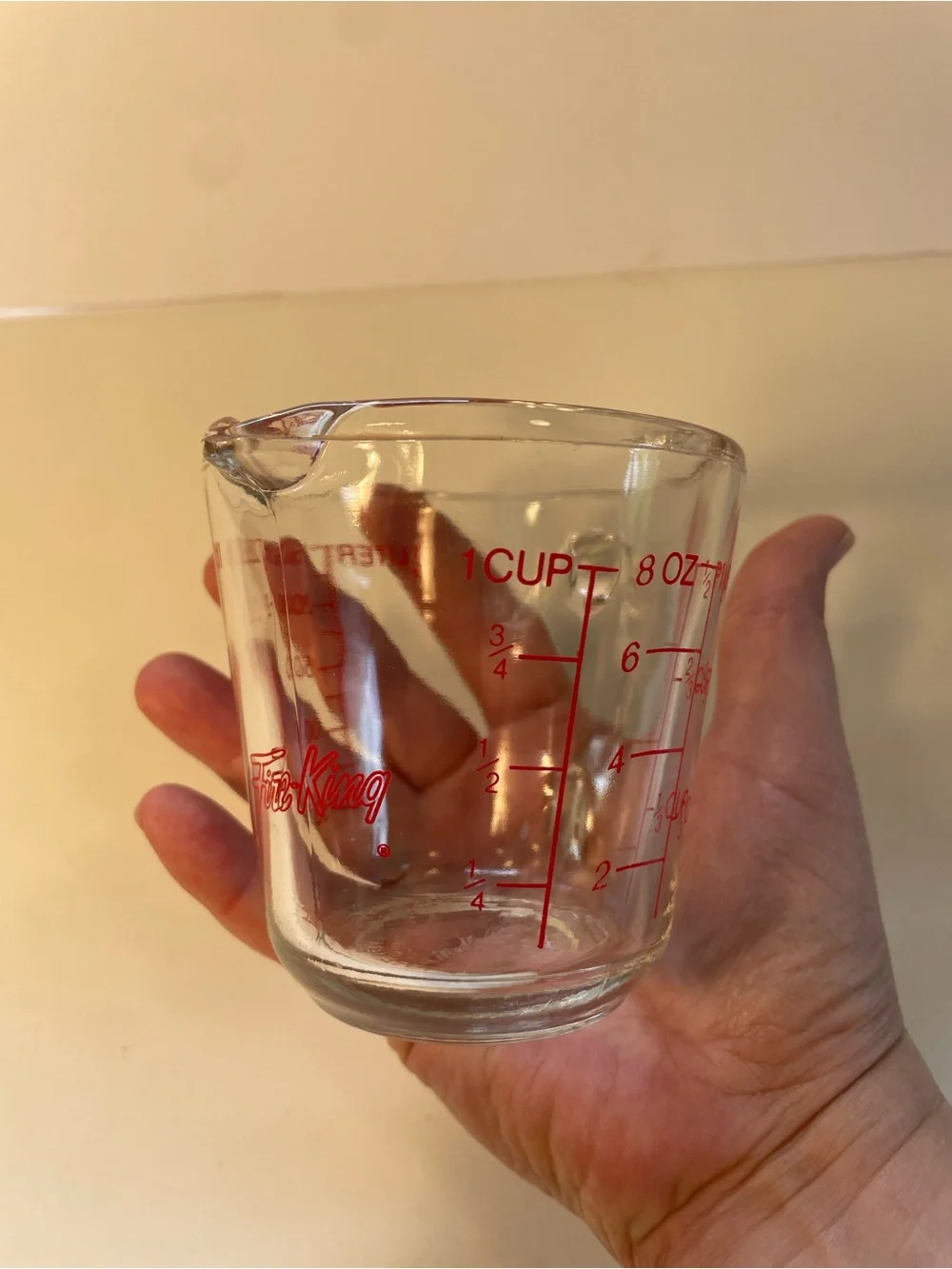 Vintage Fire-King 1 Cup Glass Measuring Cup Anchor Hocking Red Graphics USA